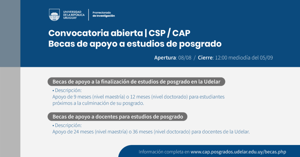 Abrieron las convocatorias a becas de posgrado de la Udelar